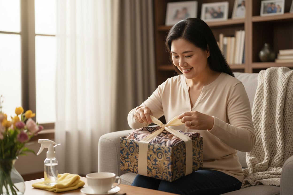 一位中年女性在整理家務之餘，欣慰地拆開一份包裝精緻的禮物