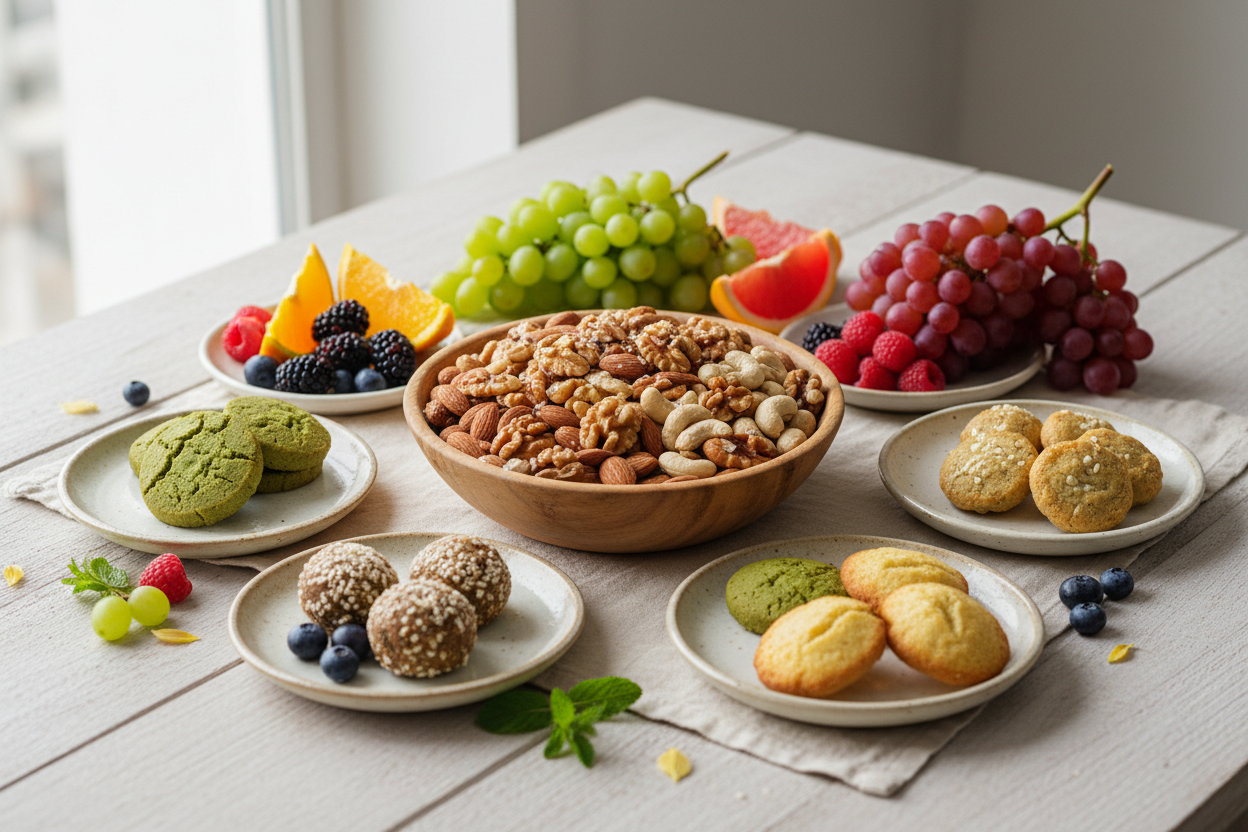 一堆精選的堅果、低糖茶點與新鮮水果，色調自然清新