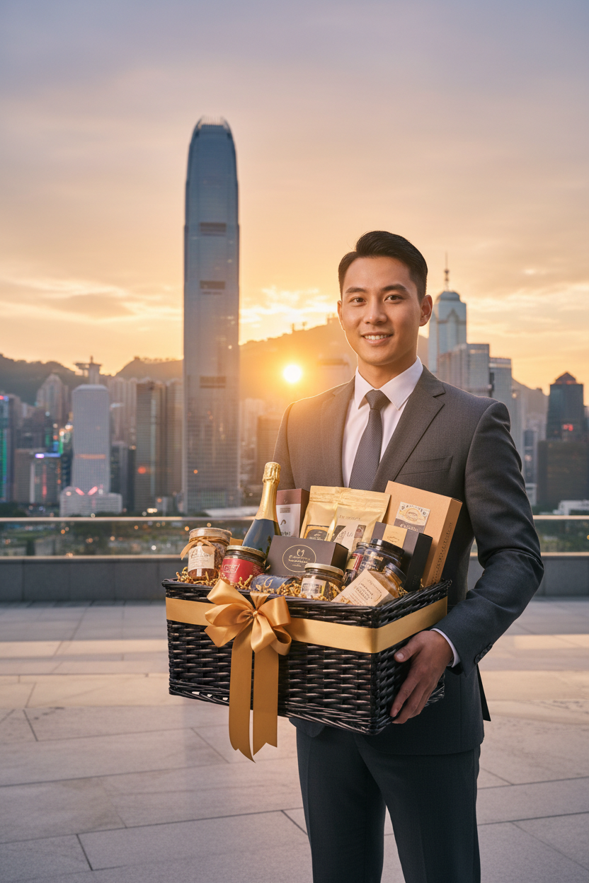穿著西裝的物流專員手提精緻禮籃，背景為中環摩天大樓