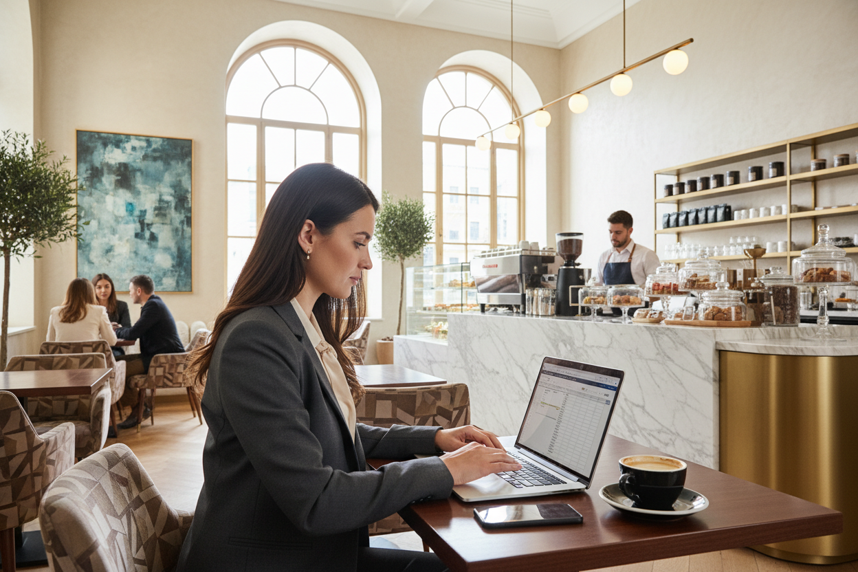 一位商務人士在高端咖啡廳，用筆記型電腦確認禮籃清單，桌上放著一杯黑咖啡