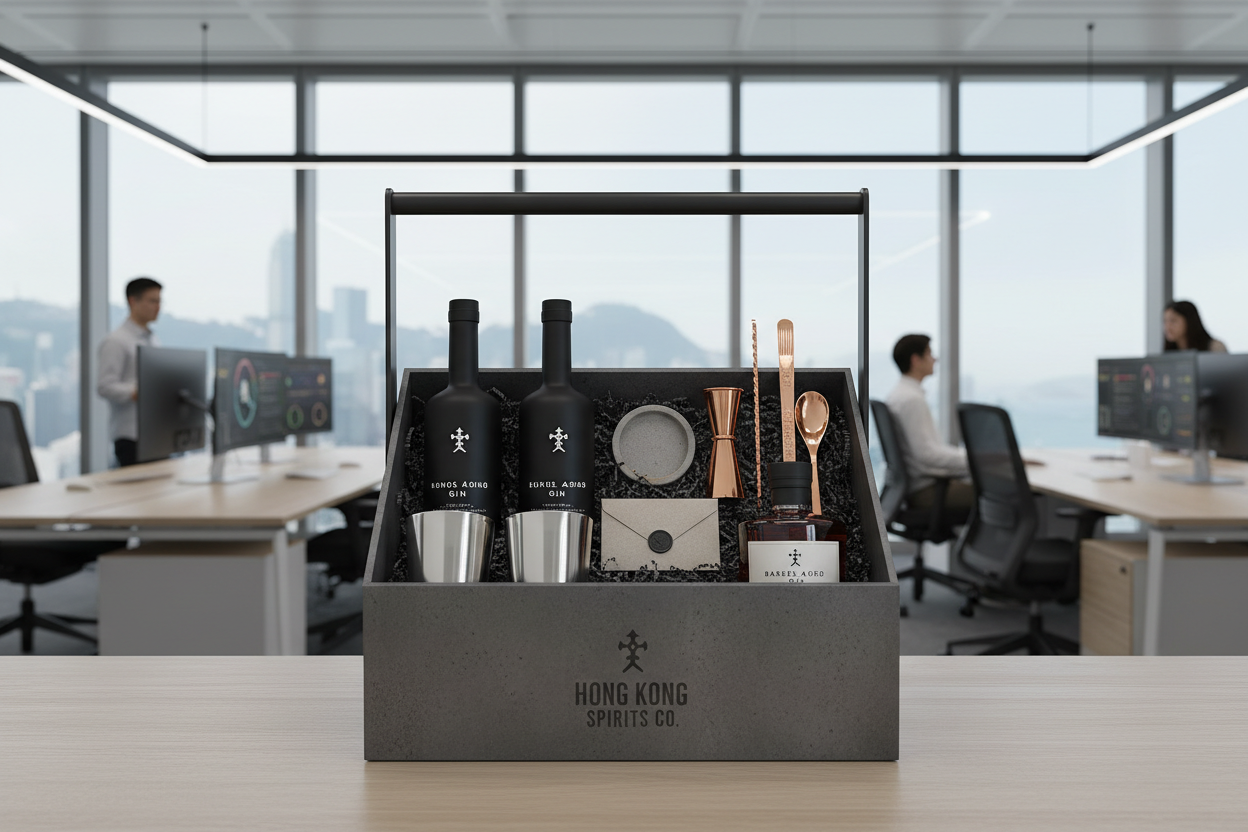 極簡工業風包裝的禮籃，內含本地精釀烈酒與精品配件，背景為數碼港辦公室
