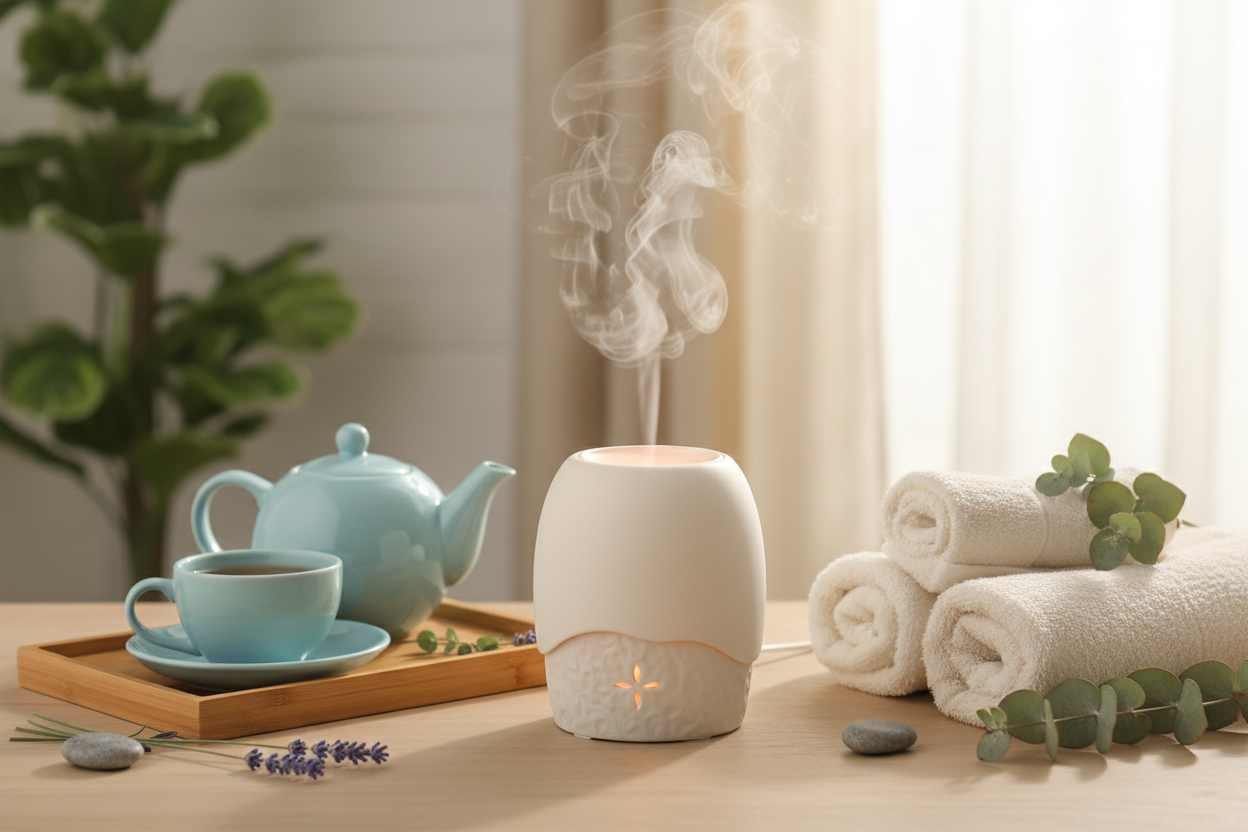 煙霧繚繞的香薰機旁，放著一壺熱茶與鬆軟的毛巾，色調柔和舒緩