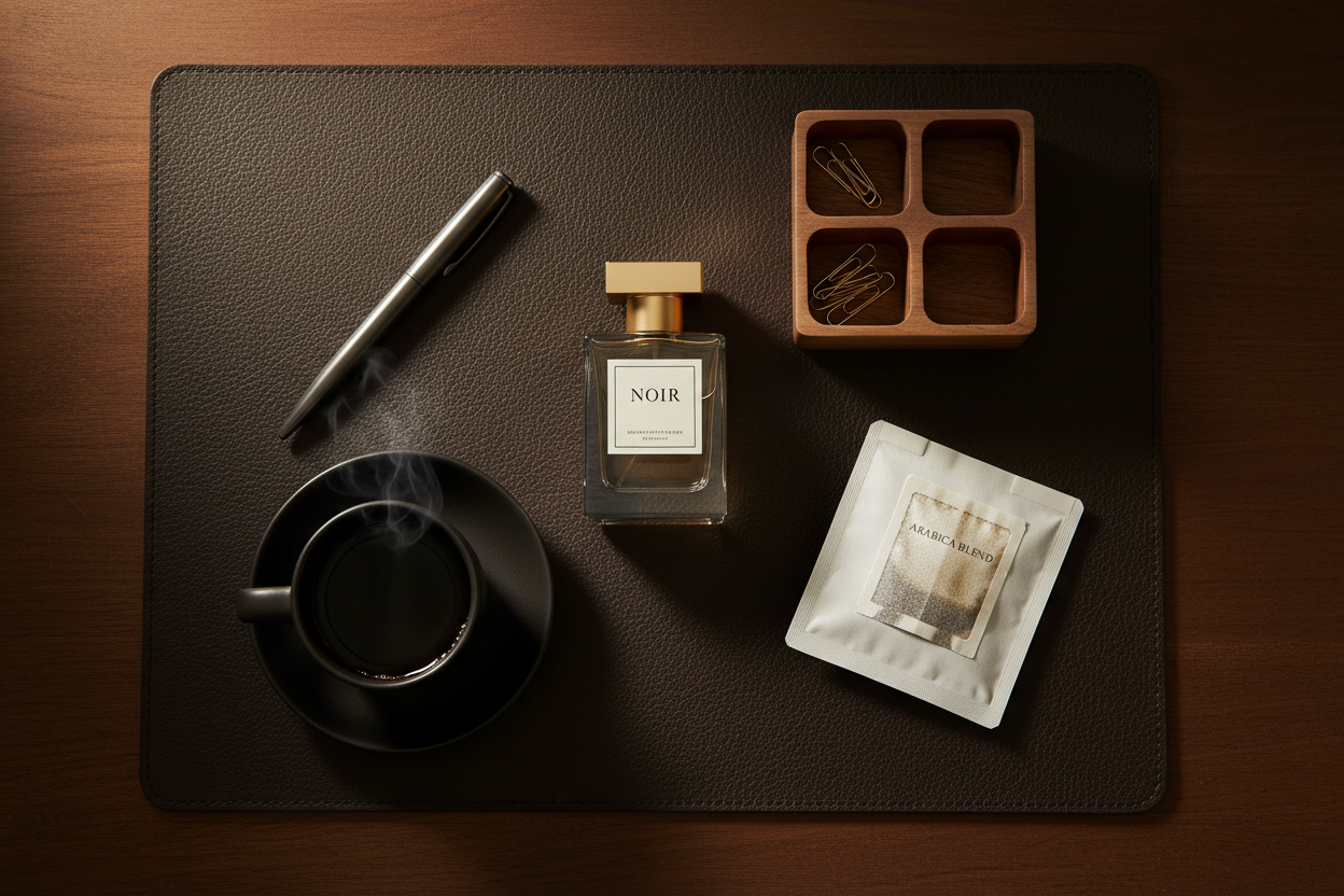 質感深色皮革墊上擺放著簡約香氛、精密金屬筆與黑咖啡,小巧但具質感的木質桌面收納配件與掛耳咖啡包