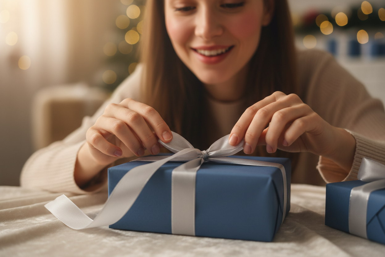 一位女性正小心翼翼解開禮物絲帶的瞬間，表情充滿期待