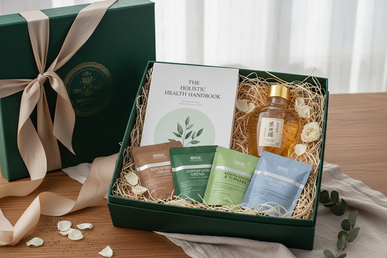 禮盒包含了一份健康手冊、一瓶高品質燕窩與幾包有機補品的精選套裝
