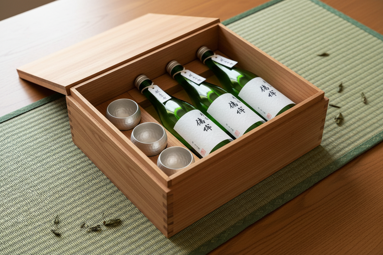 實木盒裝清酒與錫製酒杯置於日式草蓆桌墊上