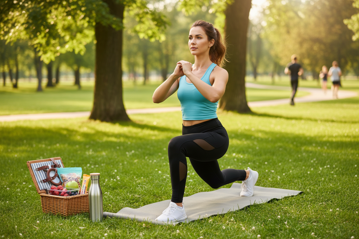 一位身著休閒服的女性在戶外運動，手邊放著精緻的保溫瓶與健康零食