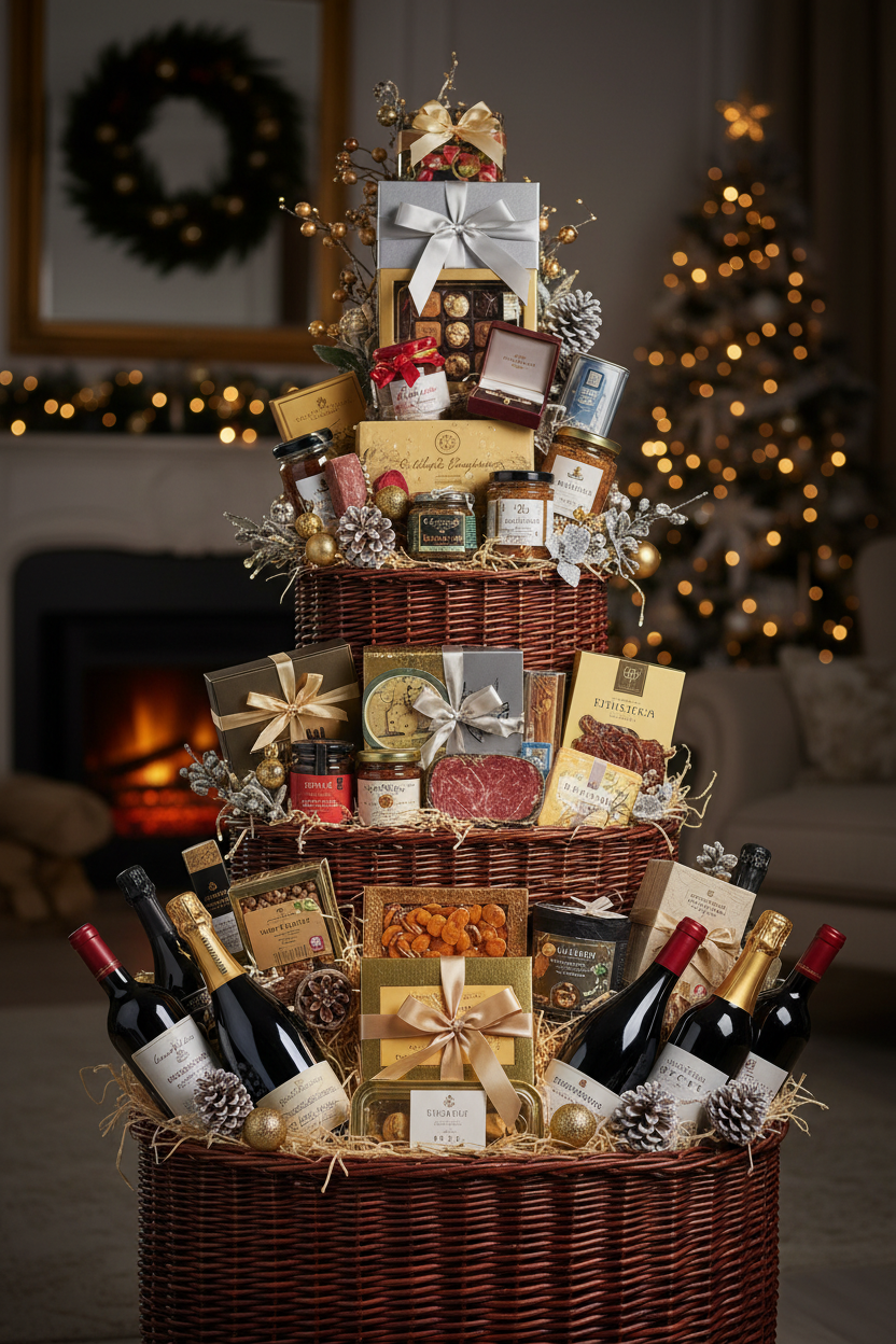 透過鏡頭仰拍，將禮籃拍得非常有氣勢，強調禮籃的高度與豐富度