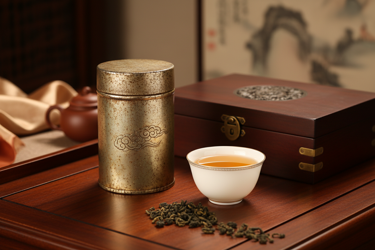 錫罐與原葉茶組成的傳統名茶禮盒