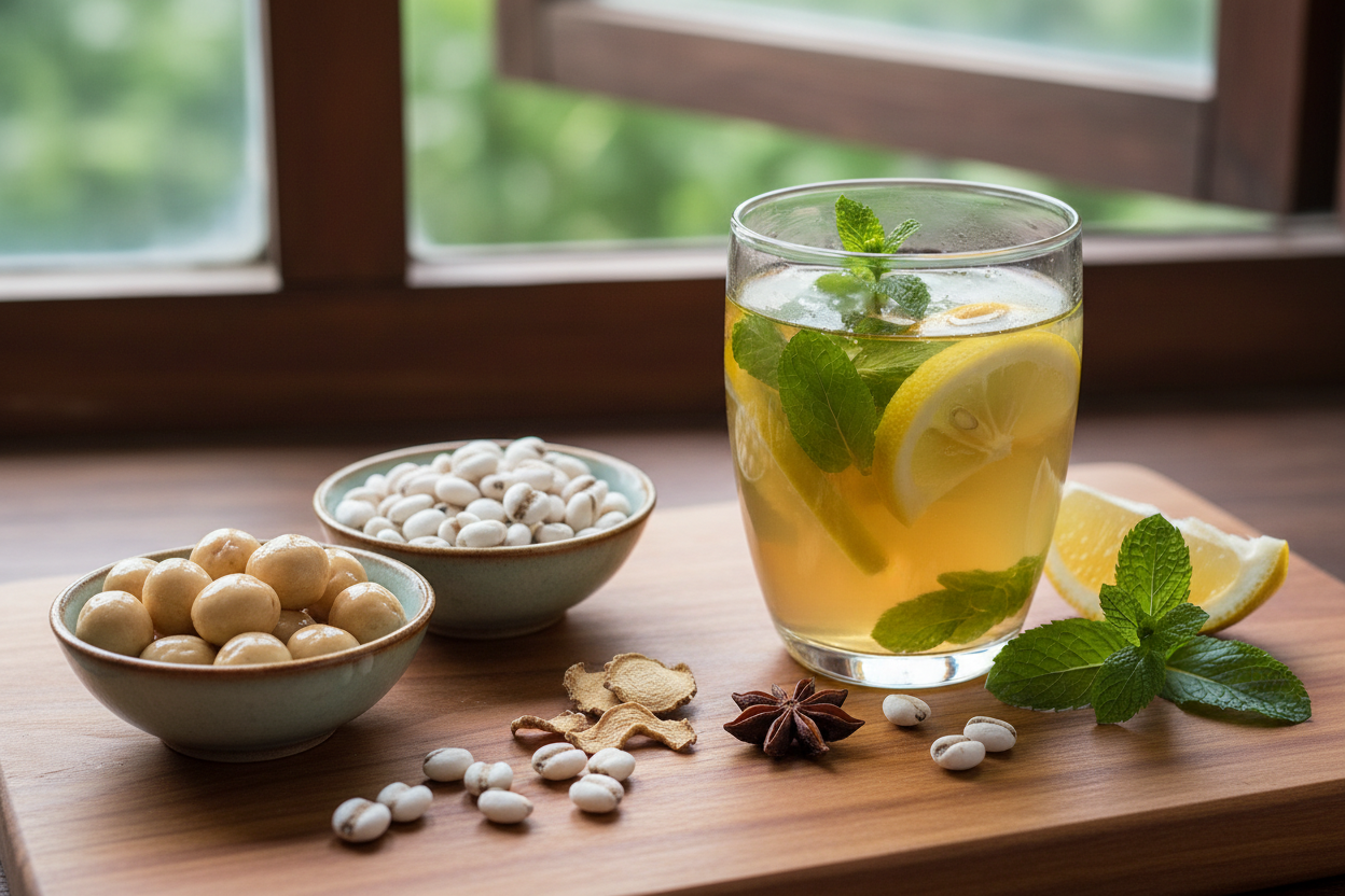 帶有薄荷葉與檸檬的清涼茶飲，旁邊放著一些傳統去濕藥材如芡實、薏米