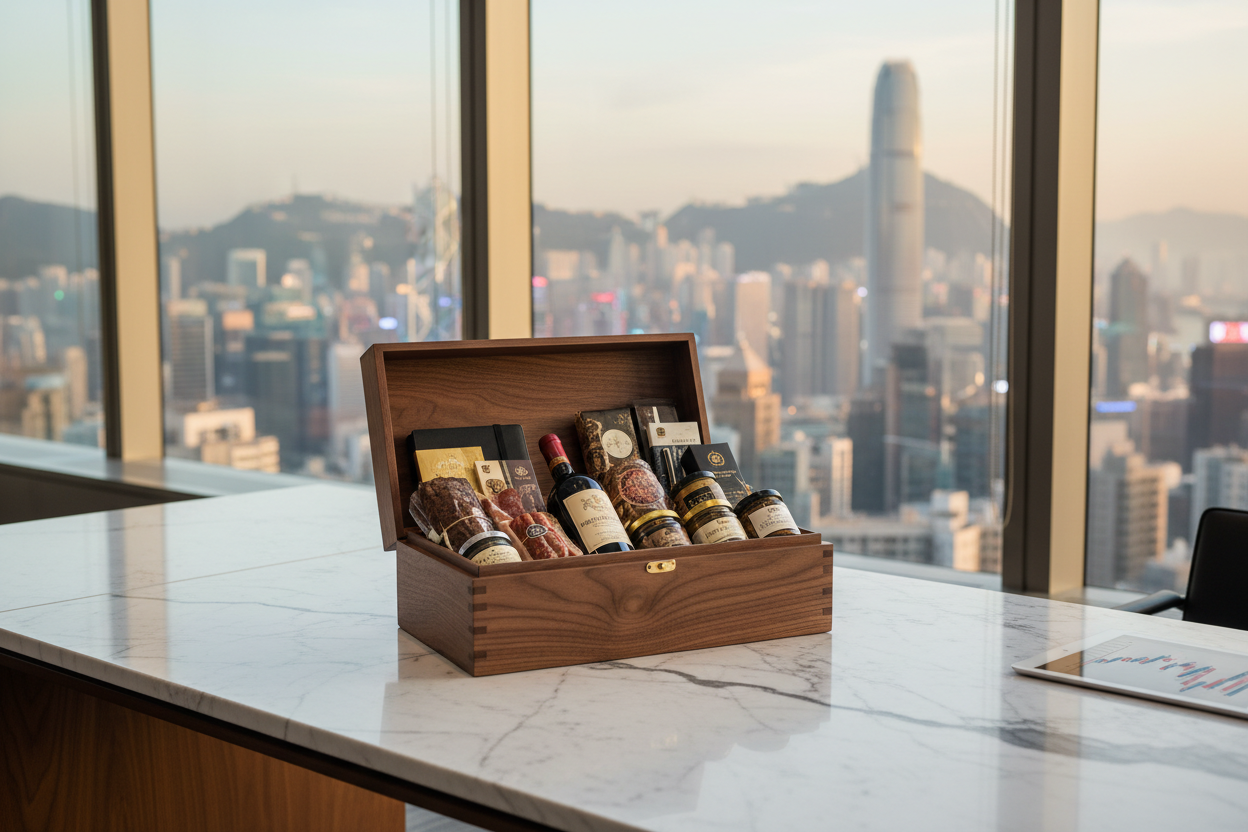 適合香港寫字樓送達的箱型商務禮籃，擺放於辦公桌