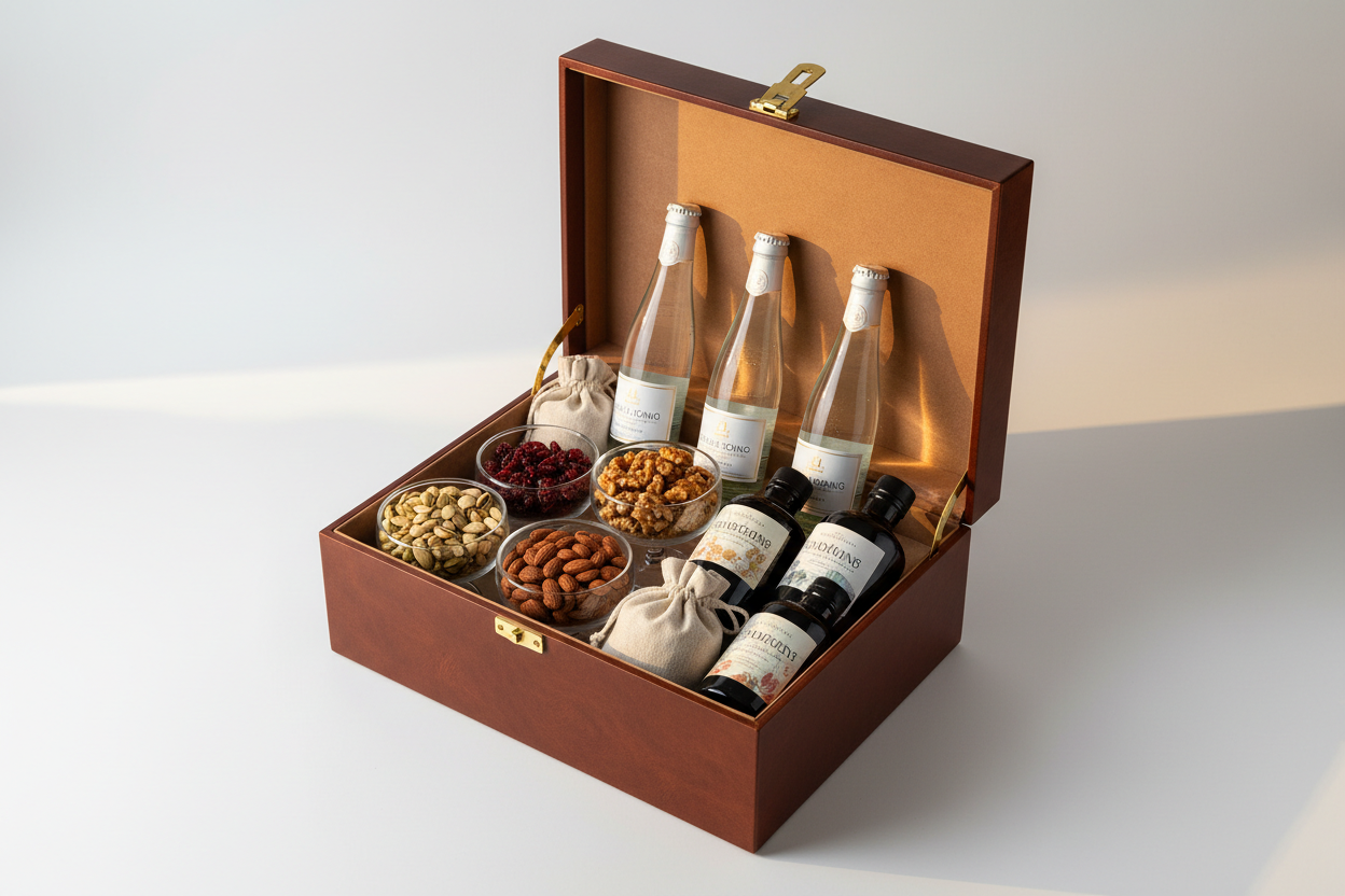 精緻皮革禮盒內整齊擺放無酒精飲品與低糖堅果