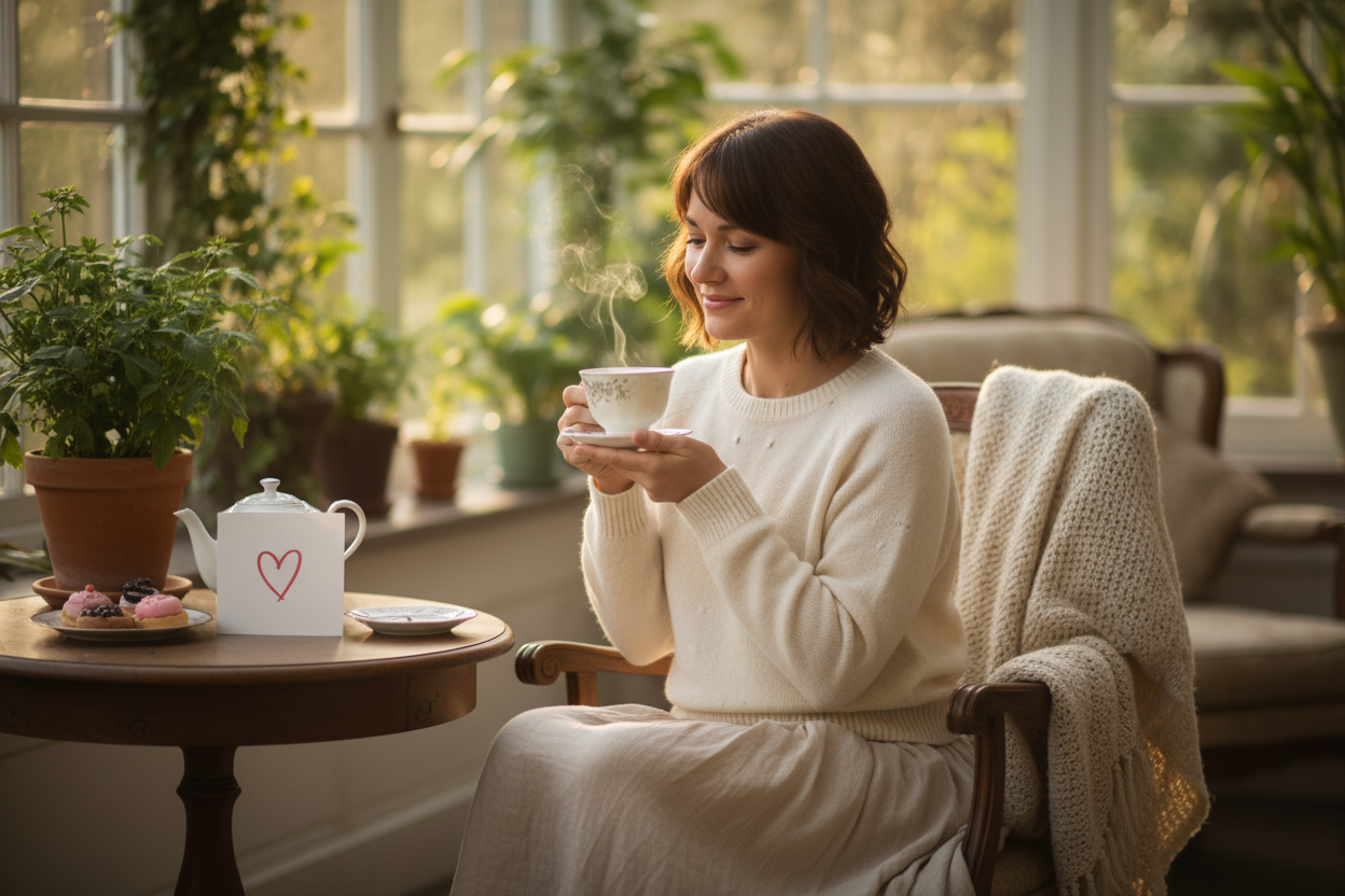 一位女性正安靜地享受茶點，表情放鬆，身旁有一張畫著心形的小卡