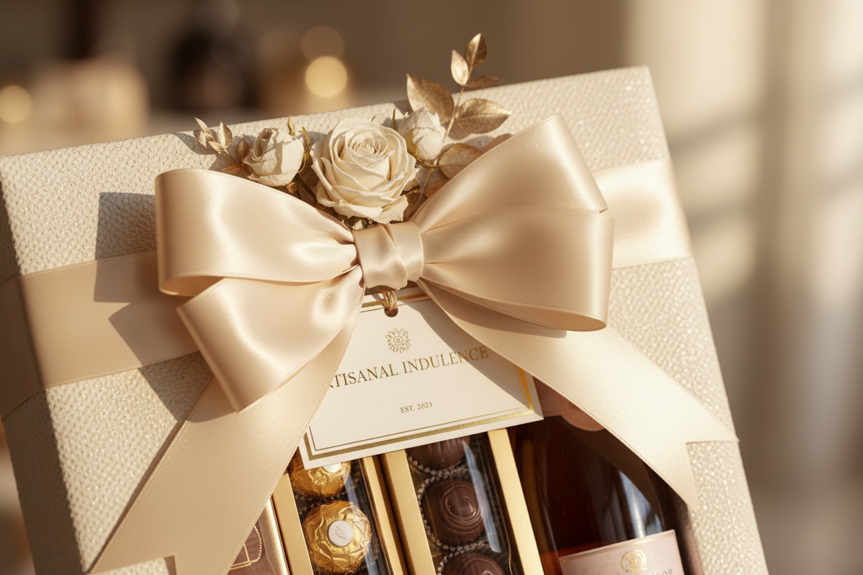 近距離拍攝禮物組合的精緻細節，如緞帶的結法、高品質的產品標籤與細膩的包裝材質