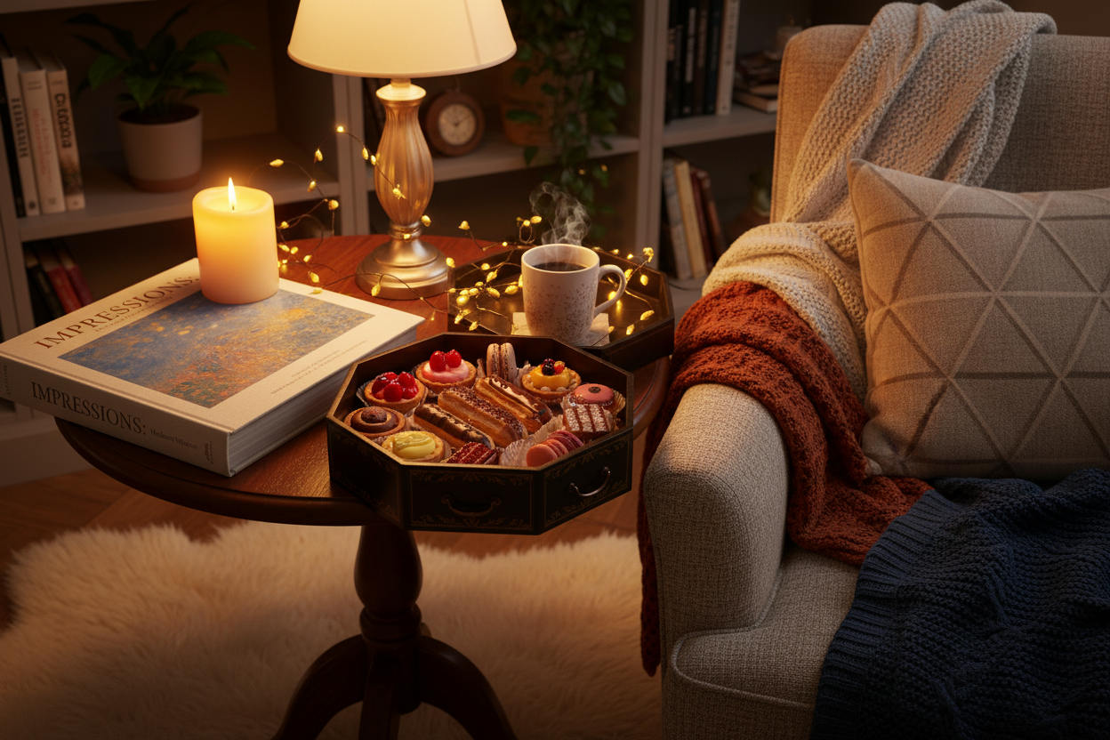 一個溫馨的閱讀角落，點著蠟燭，桌上放著一本藝術書籍與一盒精緻的甜點
