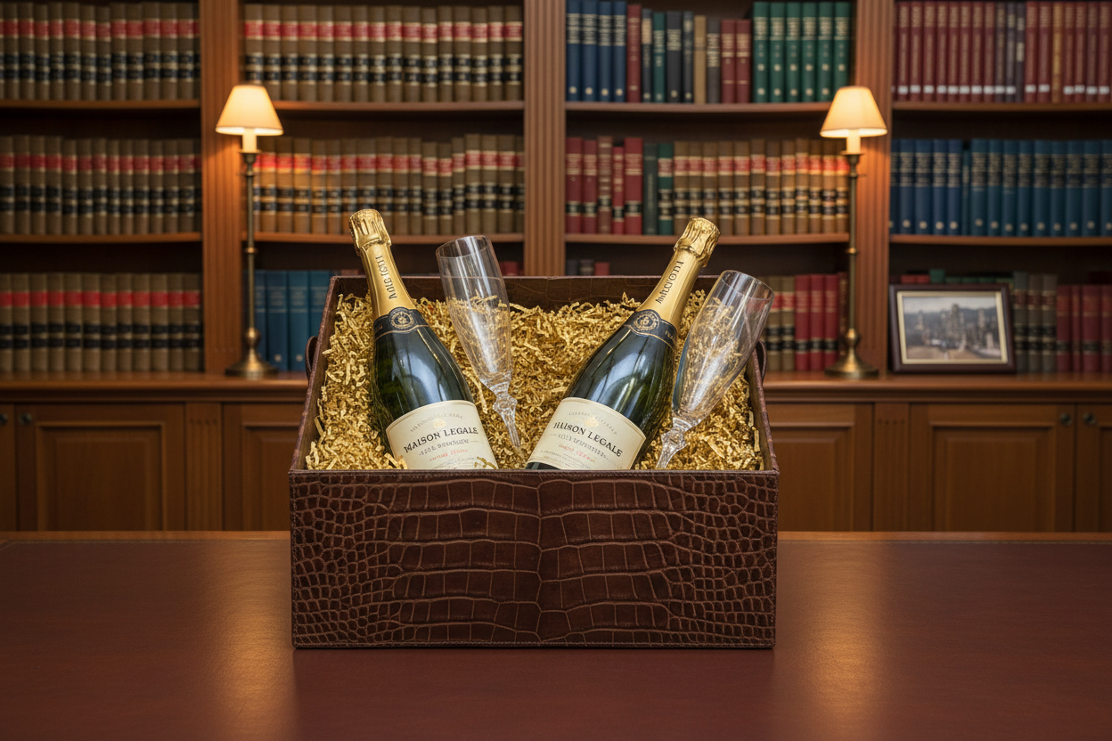 深色皮革質感的奢華禮籃，內含名貴年份香檳與精緻酒杯，背景為律師樓圖書館