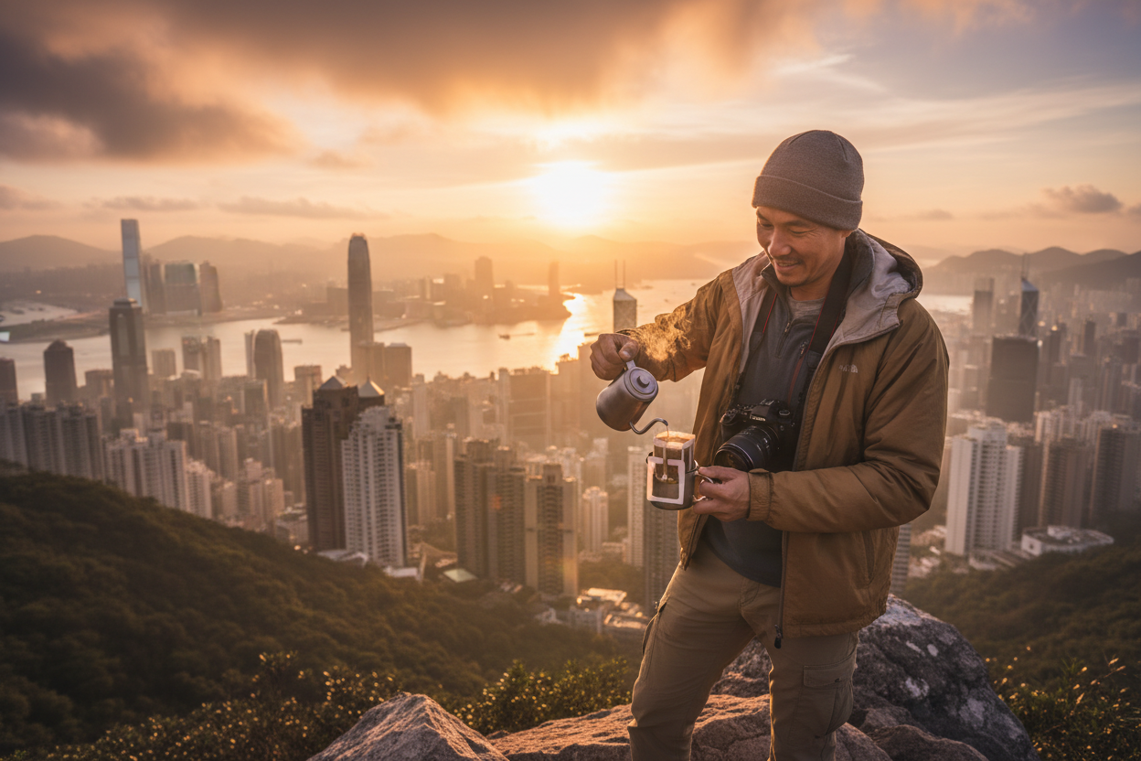 熱愛香港風景攝影的父親在山上享用頂級熱飲掛耳包