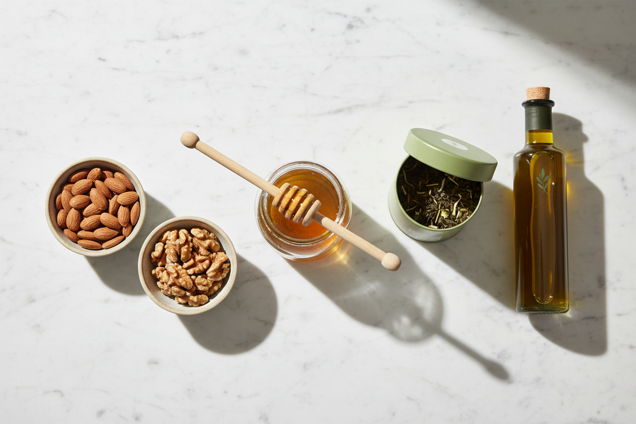 天然健康食材禮物組合：堅果、蜂蜜、茶葉和橄欖油