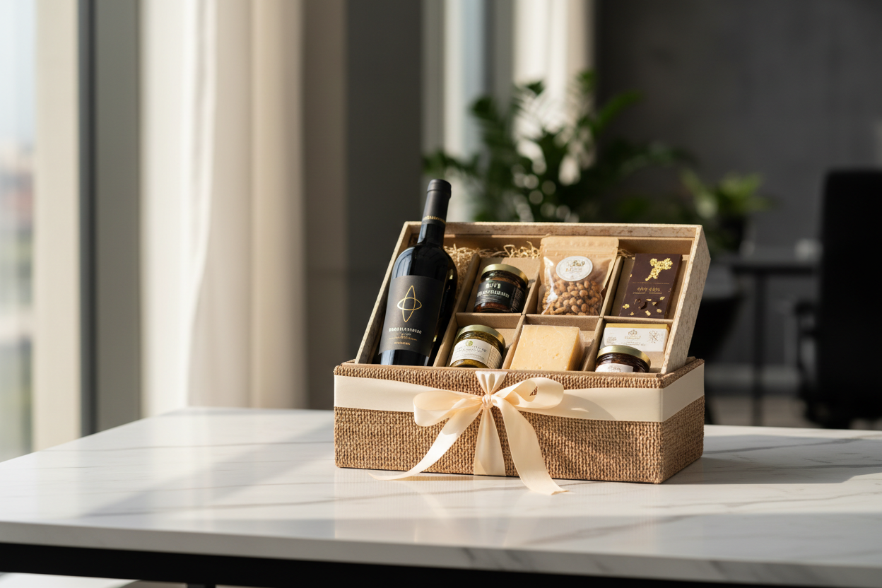A sleek business hamper with a bottle of wine and earthy-toned packaging on a marble desk