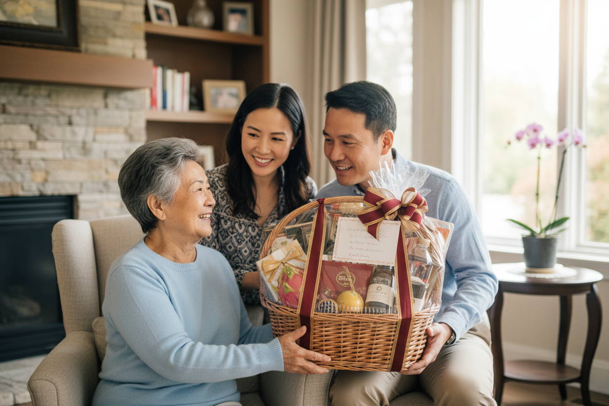 Asian couple gifts a mother in 75 years old with a set of hamper
