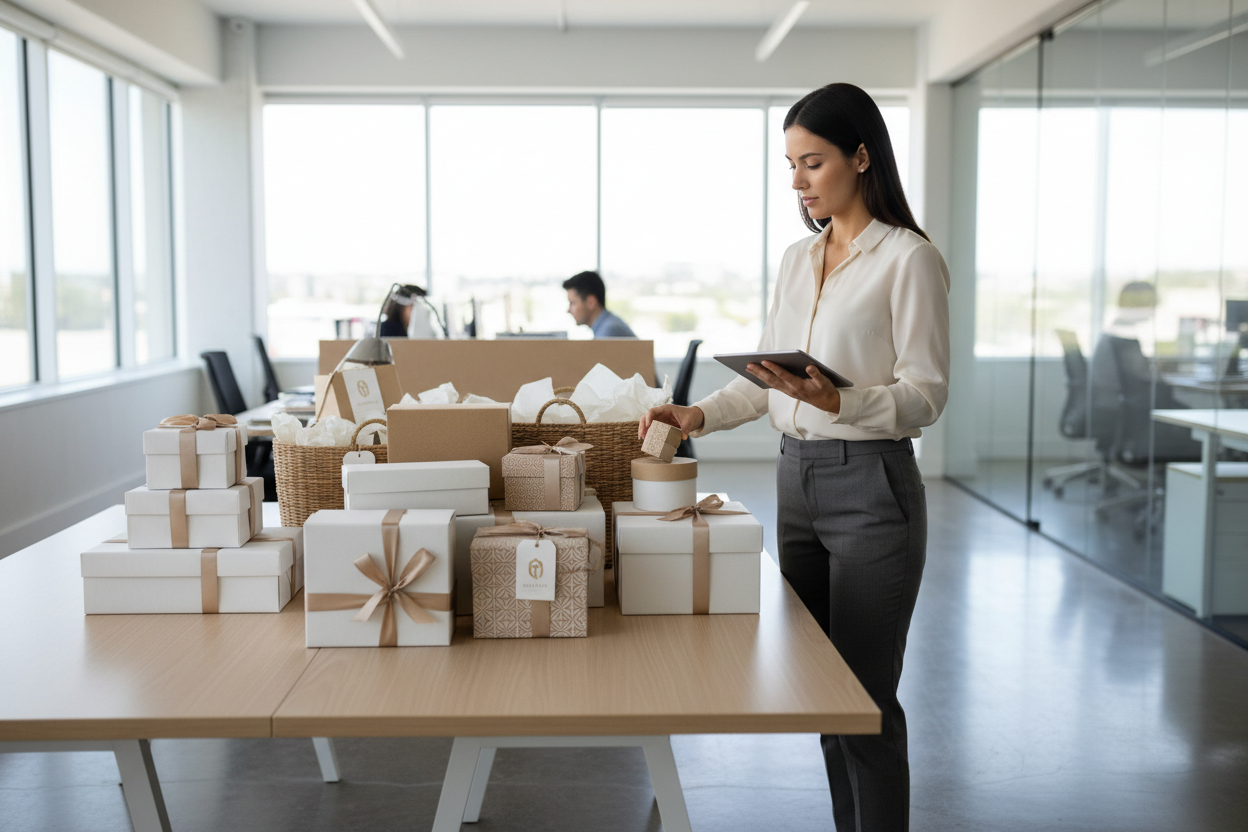 HR 正在處理大量訂購禮品的紙箱，包裝簡約俐落